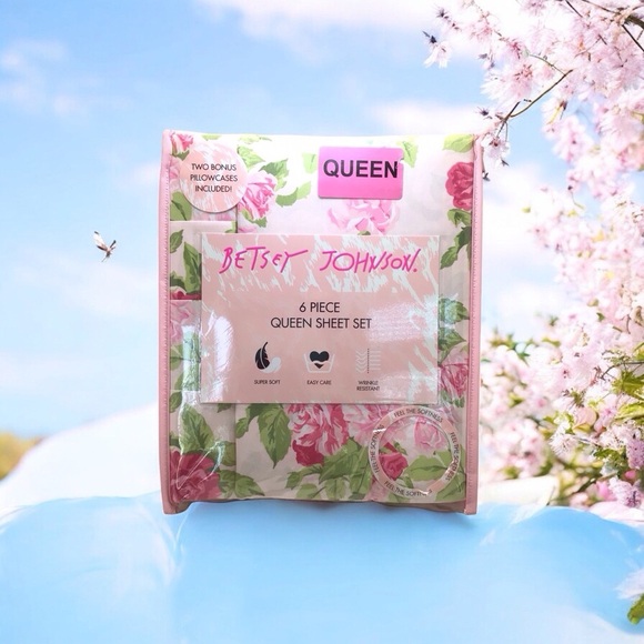 6pc Betsy Johnson Bouquet Pink Floral Rose Print Shabby Chic Queen Sheet Set - Picture 1 of 5